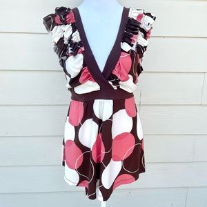 Retro Style Circles Ruffle Sleeve Wrap Tunic